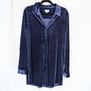 Superdown Collared Blue Velvet Long Sleeve Mini Shirt Dress, size M
